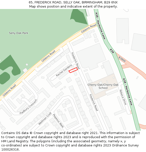 65, FREDERICK ROAD, SELLY OAK, BIRMINGHAM, B29 6NX: Location map and indicative extent of plot
