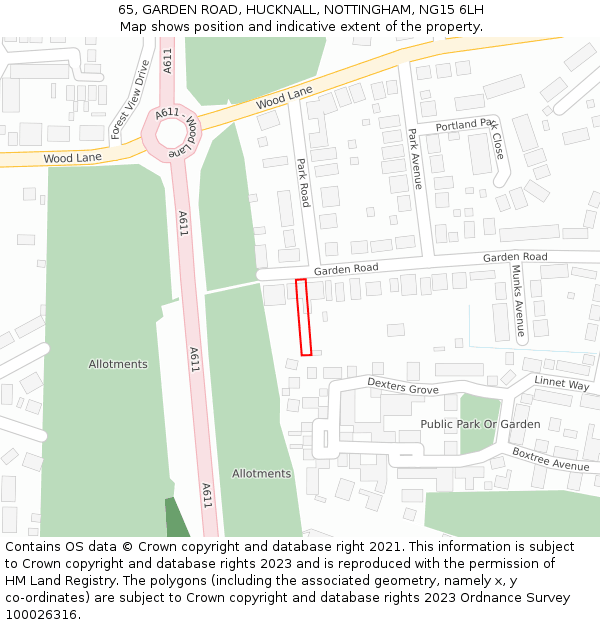65, GARDEN ROAD, HUCKNALL, NOTTINGHAM, NG15 6LH: Location map and indicative extent of plot
