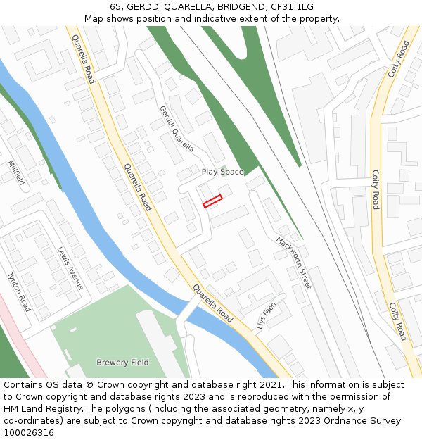 65, GERDDI QUARELLA, BRIDGEND, CF31 1LG: Location map and indicative extent of plot