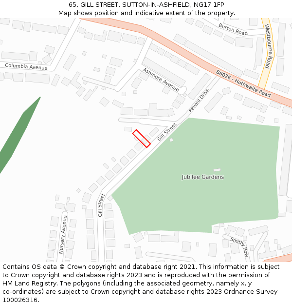65, GILL STREET, SUTTON-IN-ASHFIELD, NG17 1FP: Location map and indicative extent of plot