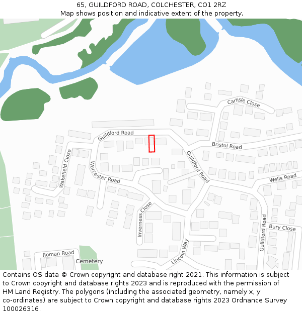 65, GUILDFORD ROAD, COLCHESTER, CO1 2RZ: Location map and indicative extent of plot