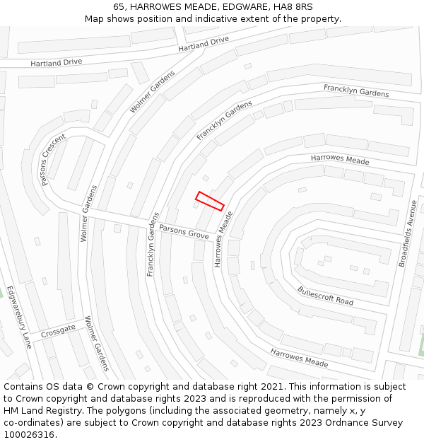 65, HARROWES MEADE, EDGWARE, HA8 8RS: Location map and indicative extent of plot