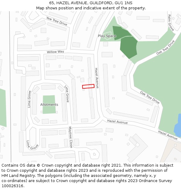 65, HAZEL AVENUE, GUILDFORD, GU1 1NS: Location map and indicative extent of plot