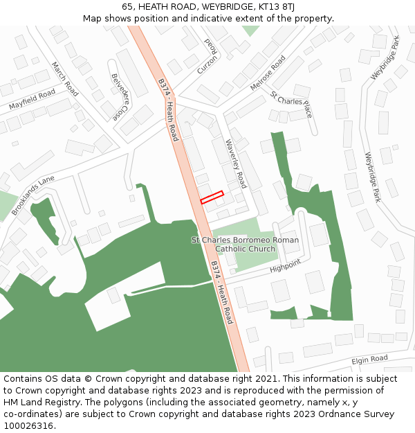 65, HEATH ROAD, WEYBRIDGE, KT13 8TJ: Location map and indicative extent of plot