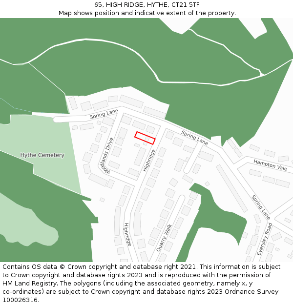 65, HIGH RIDGE, HYTHE, CT21 5TF: Location map and indicative extent of plot