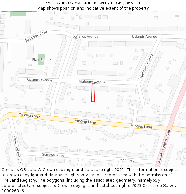 65, HIGHBURY AVENUE, ROWLEY REGIS, B65 9PP: Location map and indicative extent of plot