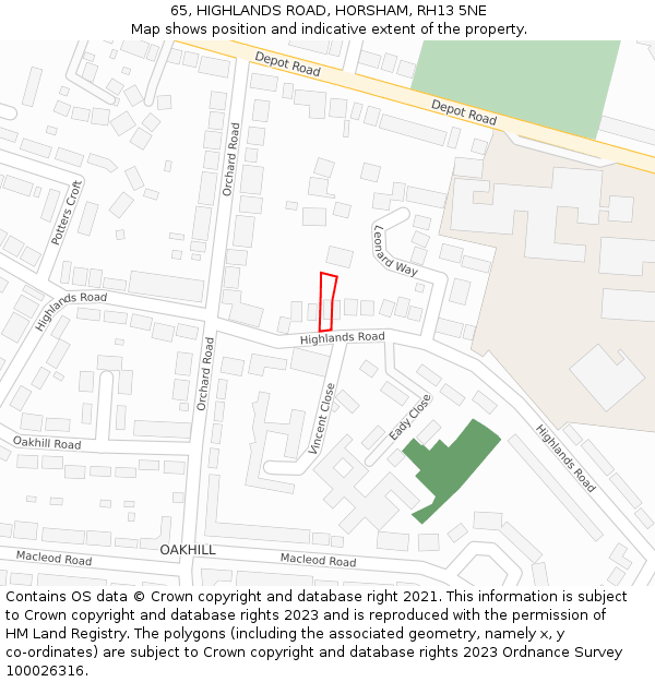 65, HIGHLANDS ROAD, HORSHAM, RH13 5NE: Location map and indicative extent of plot