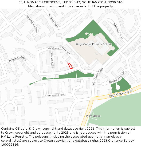 65, HINDMARCH CRESCENT, HEDGE END, SOUTHAMPTON, SO30 0AN: Location map and indicative extent of plot