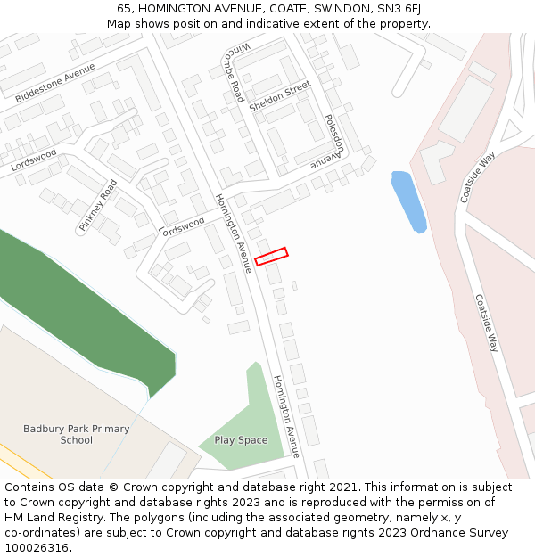 65, HOMINGTON AVENUE, COATE, SWINDON, SN3 6FJ: Location map and indicative extent of plot