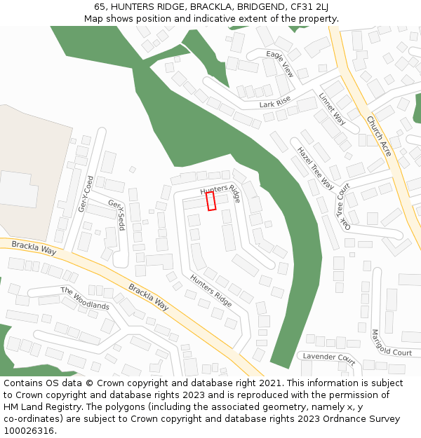 65, HUNTERS RIDGE, BRACKLA, BRIDGEND, CF31 2LJ: Location map and indicative extent of plot