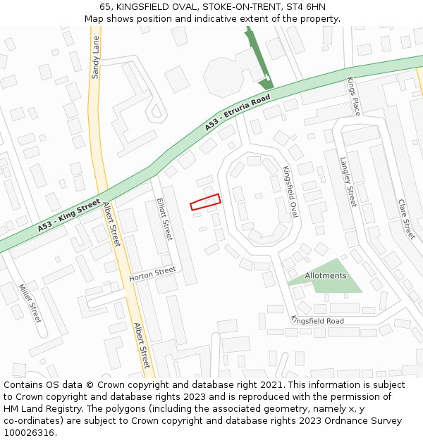 65, KINGSFIELD OVAL, STOKE-ON-TRENT, ST4 6HN: Location map and indicative extent of plot