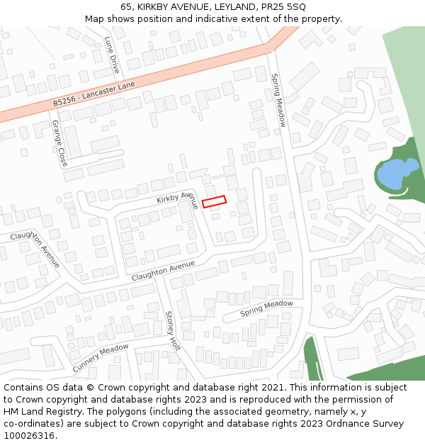 65, KIRKBY AVENUE, LEYLAND, PR25 5SQ: Location map and indicative extent of plot