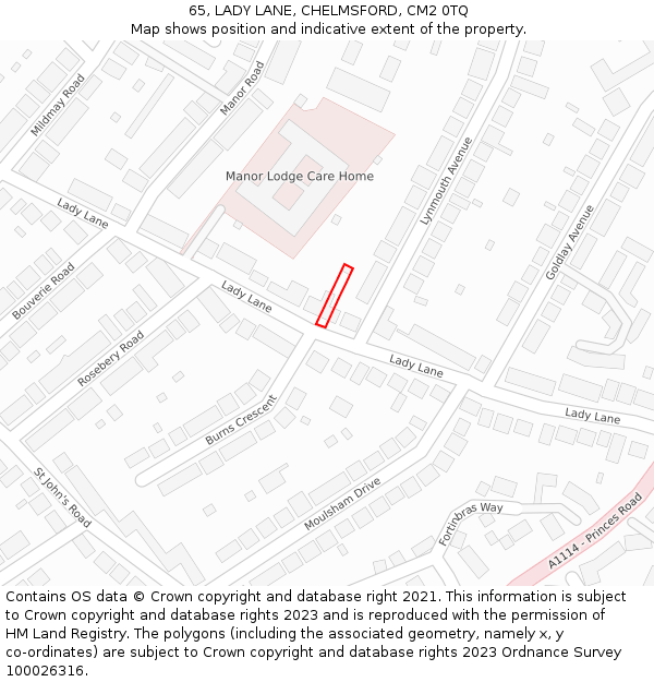 65, LADY LANE, CHELMSFORD, CM2 0TQ: Location map and indicative extent of plot