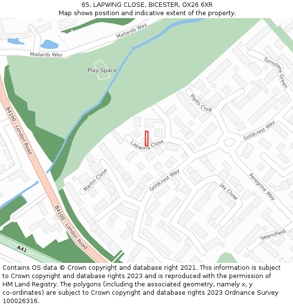 65, LAPWING CLOSE, BICESTER, OX26 6XR: Location map and indicative extent of plot