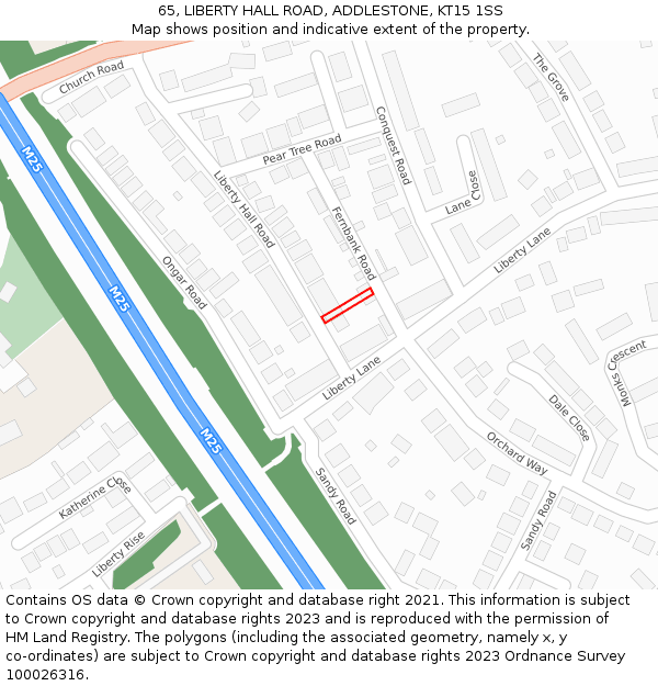 65, LIBERTY HALL ROAD, ADDLESTONE, KT15 1SS: Location map and indicative extent of plot