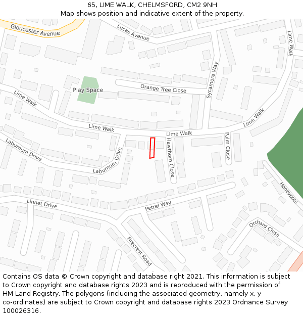 65, LIME WALK, CHELMSFORD, CM2 9NH: Location map and indicative extent of plot