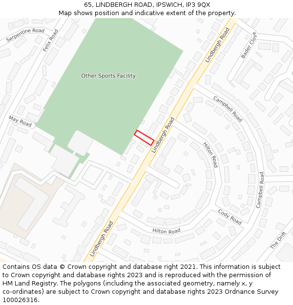 65, LINDBERGH ROAD, IPSWICH, IP3 9QX: Location map and indicative extent of plot