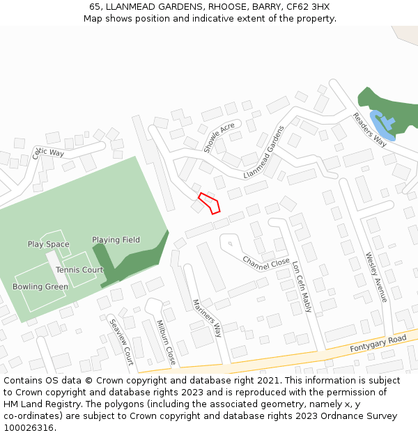 65, LLANMEAD GARDENS, RHOOSE, BARRY, CF62 3HX: Location map and indicative extent of plot