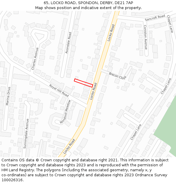 65, LOCKO ROAD, SPONDON, DERBY, DE21 7AP: Location map and indicative extent of plot