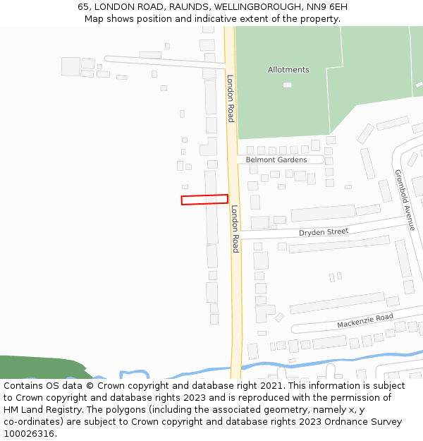 65, LONDON ROAD, RAUNDS, WELLINGBOROUGH, NN9 6EH: Location map and indicative extent of plot