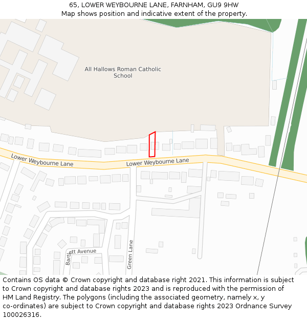 65, LOWER WEYBOURNE LANE, FARNHAM, GU9 9HW: Location map and indicative extent of plot