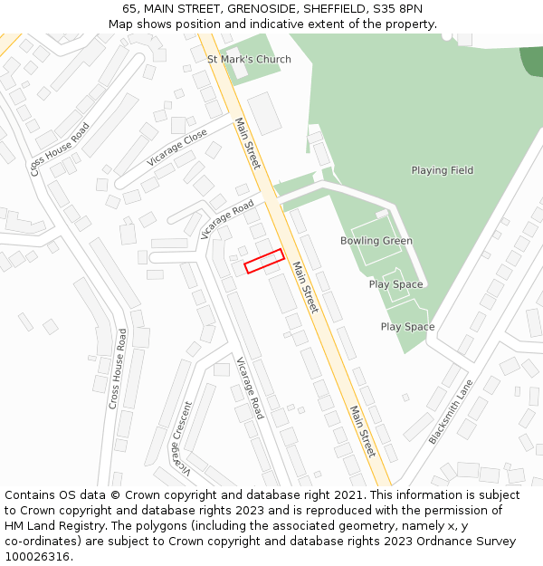 65, MAIN STREET, GRENOSIDE, SHEFFIELD, S35 8PN: Location map and indicative extent of plot