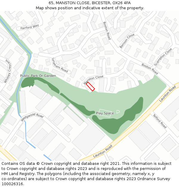 65, MANSTON CLOSE, BICESTER, OX26 4FA: Location map and indicative extent of plot