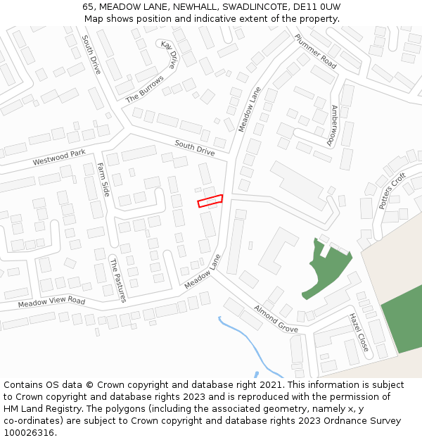 65, MEADOW LANE, NEWHALL, SWADLINCOTE, DE11 0UW: Location map and indicative extent of plot