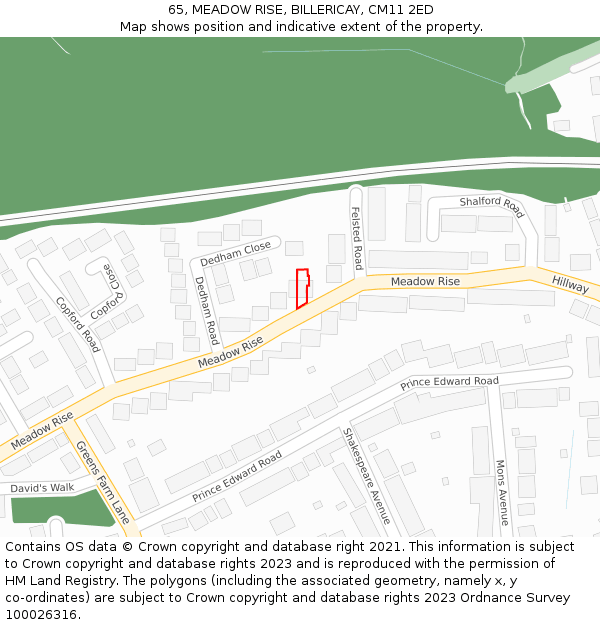 65, MEADOW RISE, BILLERICAY, CM11 2ED: Location map and indicative extent of plot