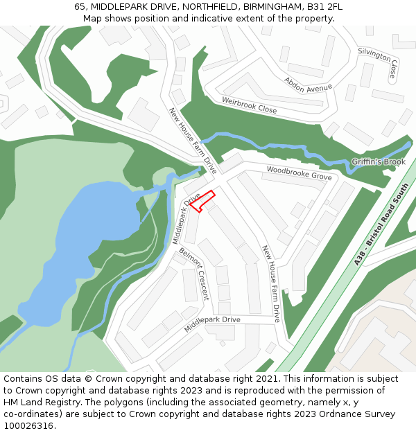 65, MIDDLEPARK DRIVE, NORTHFIELD, BIRMINGHAM, B31 2FL: Location map and indicative extent of plot