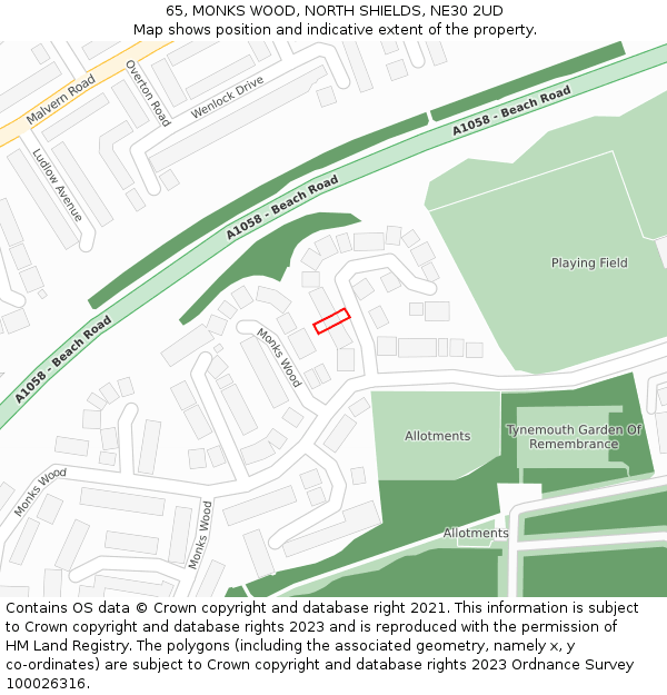 65, MONKS WOOD, NORTH SHIELDS, NE30 2UD: Location map and indicative extent of plot