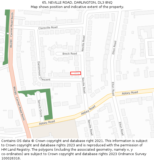 65, NEVILLE ROAD, DARLINGTON, DL3 8NQ: Location map and indicative extent of plot