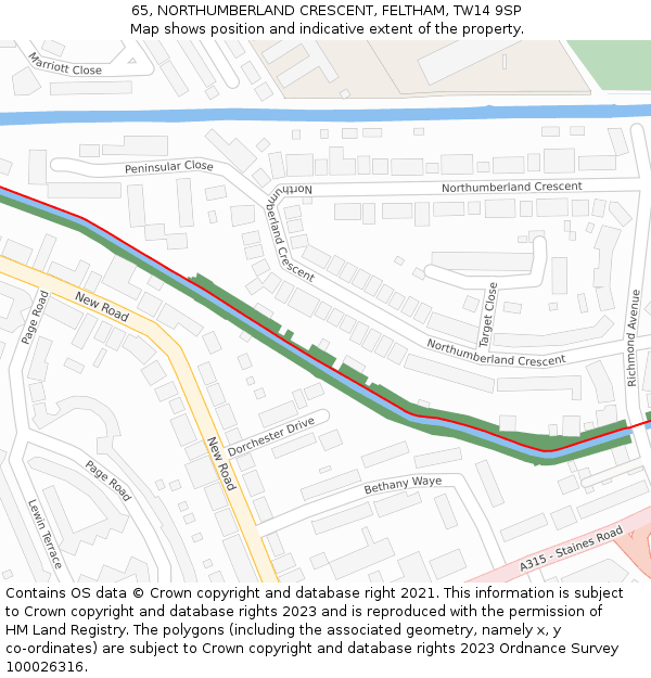 65, NORTHUMBERLAND CRESCENT, FELTHAM, TW14 9SP: Location map and indicative extent of plot