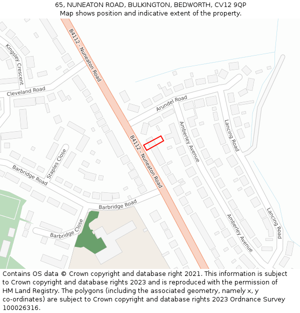 65, NUNEATON ROAD, BULKINGTON, BEDWORTH, CV12 9QP: Location map and indicative extent of plot