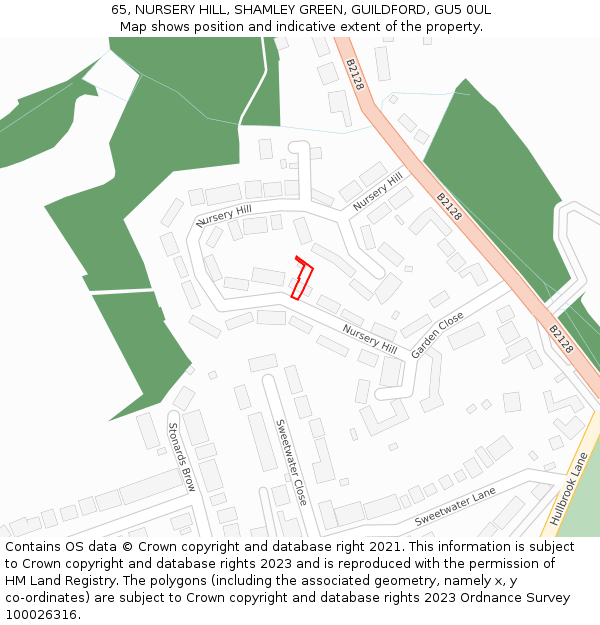 65, NURSERY HILL, SHAMLEY GREEN, GUILDFORD, GU5 0UL: Location map and indicative extent of plot
