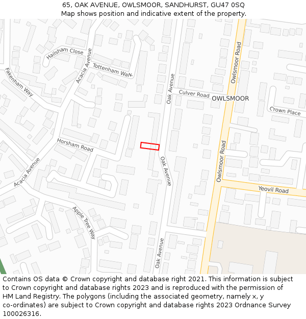 65, OAK AVENUE, OWLSMOOR, SANDHURST, GU47 0SQ: Location map and indicative extent of plot