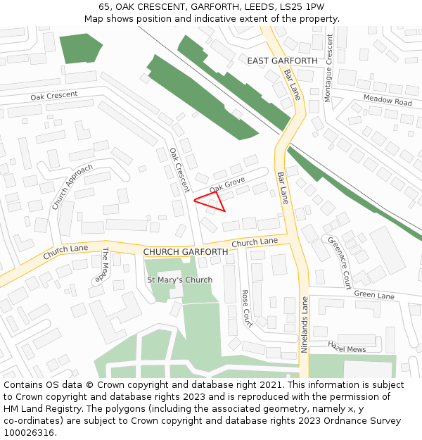 65, OAK CRESCENT, GARFORTH, LEEDS, LS25 1PW: Location map and indicative extent of plot