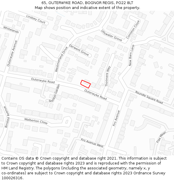 65, OUTERWYKE ROAD, BOGNOR REGIS, PO22 8LT: Location map and indicative extent of plot
