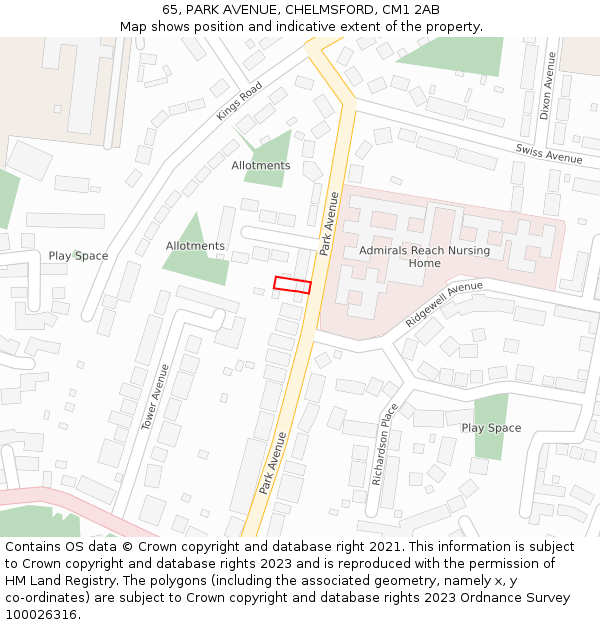 65, PARK AVENUE, CHELMSFORD, CM1 2AB: Location map and indicative extent of plot