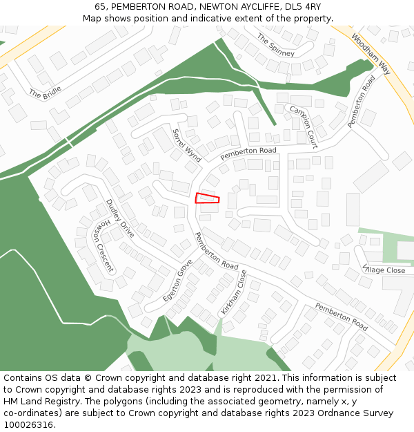 65, PEMBERTON ROAD, NEWTON AYCLIFFE, DL5 4RY: Location map and indicative extent of plot