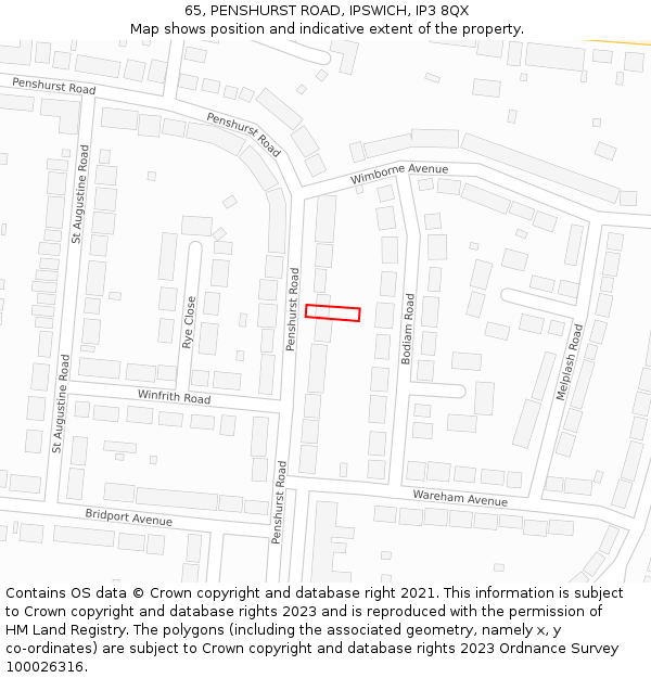 65, PENSHURST ROAD, IPSWICH, IP3 8QX: Location map and indicative extent of plot