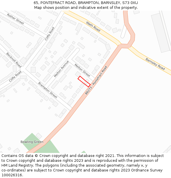 65, PONTEFRACT ROAD, BRAMPTON, BARNSLEY, S73 0XU: Location map and indicative extent of plot
