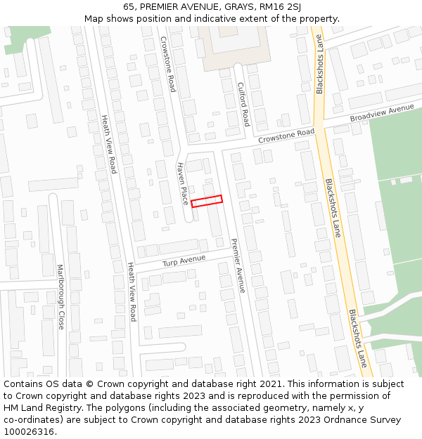 65, PREMIER AVENUE, GRAYS, RM16 2SJ: Location map and indicative extent of plot