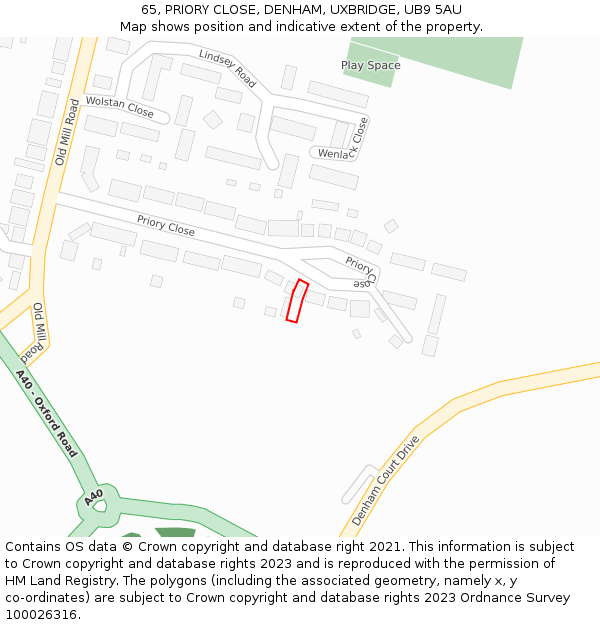 65, PRIORY CLOSE, DENHAM, UXBRIDGE, UB9 5AU: Location map and indicative extent of plot