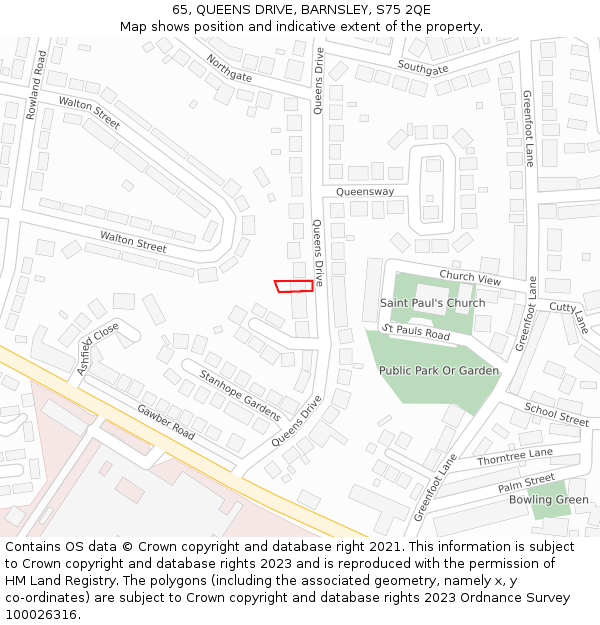 65, QUEENS DRIVE, BARNSLEY, S75 2QE: Location map and indicative extent of plot