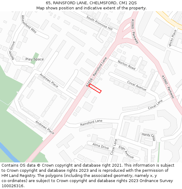 65, RAINSFORD LANE, CHELMSFORD, CM1 2QS: Location map and indicative extent of plot