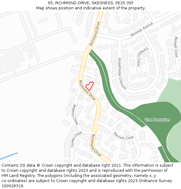 65, RICHMOND DRIVE, SKEGNESS, PE25 3SF: Location map and indicative extent of plot
