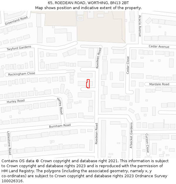 65, ROEDEAN ROAD, WORTHING, BN13 2BT: Location map and indicative extent of plot