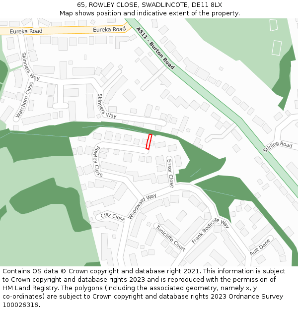 65, ROWLEY CLOSE, SWADLINCOTE, DE11 8LX: Location map and indicative extent of plot