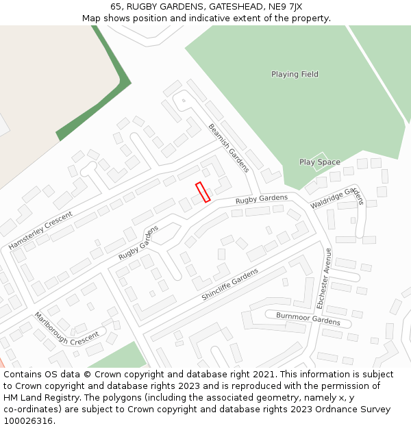 65, RUGBY GARDENS, GATESHEAD, NE9 7JX: Location map and indicative extent of plot